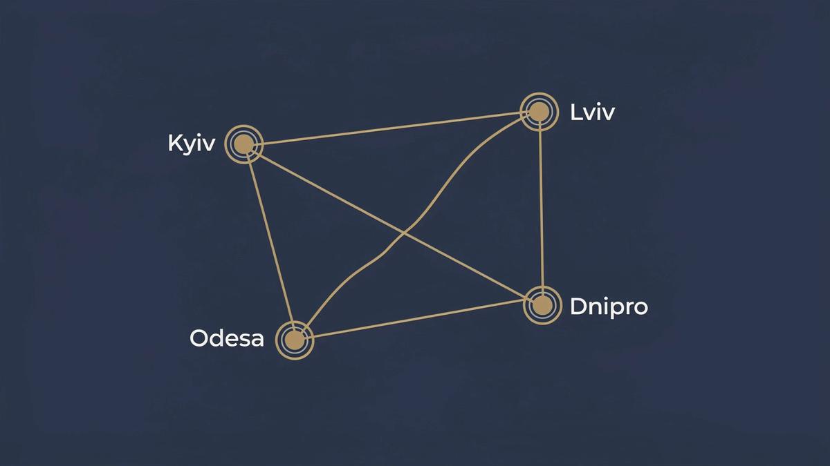 Minimalist route map with transfer lines linking Kyiv, Lviv, Odesa and Dnipro