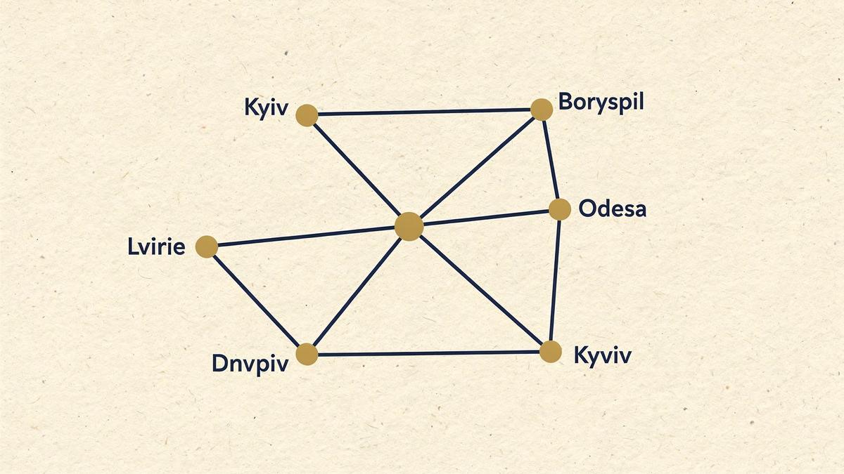 Route map illustration linking Kyiv with Lviv, Odesa, Kharkiv, Dnipro and Boryspil